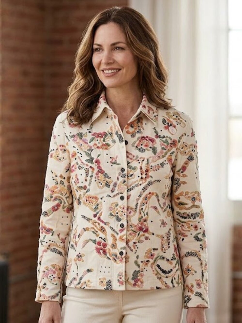 Chico's Design Floral Embroidered Button Front Jacket Size 2 L Cream Beaded